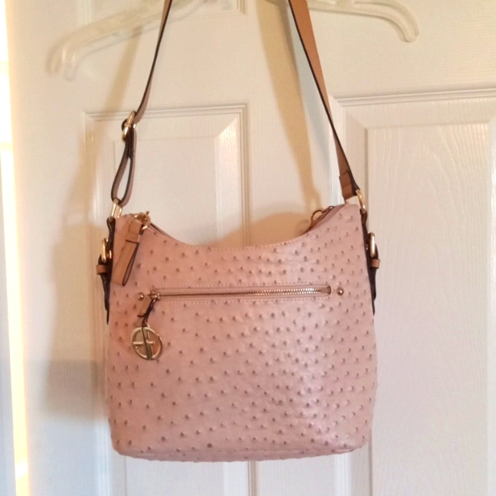 Pink Ostrich-Embossed Shoulder Bag.  Like New.